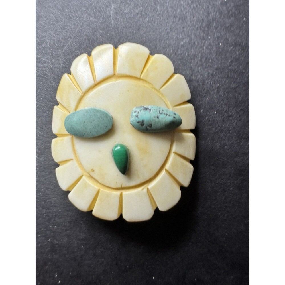 Vintage Southwestern Sunface Pendant Bone Turquoise Malachite Pueblo Style 1.5